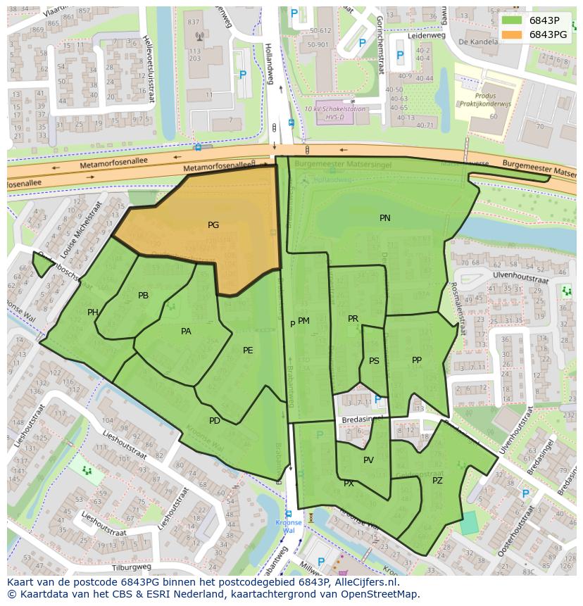 Afbeelding van het postcodegebied 6843 PG op de kaart.