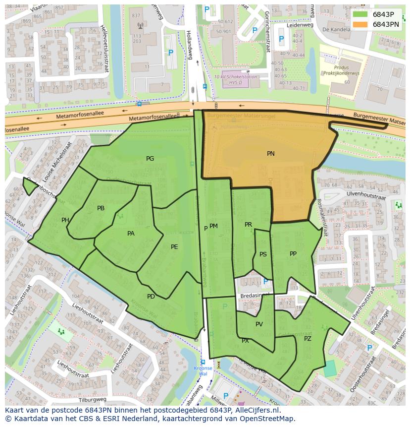 Afbeelding van het postcodegebied 6843 PN op de kaart.