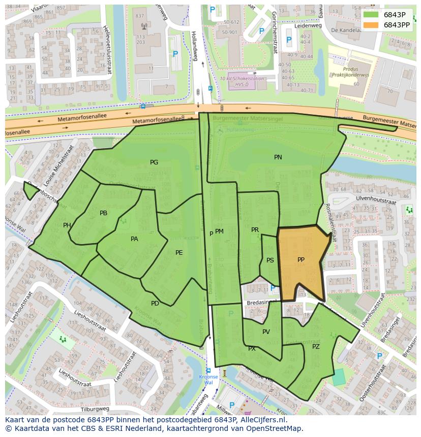 Afbeelding van het postcodegebied 6843 PP op de kaart.