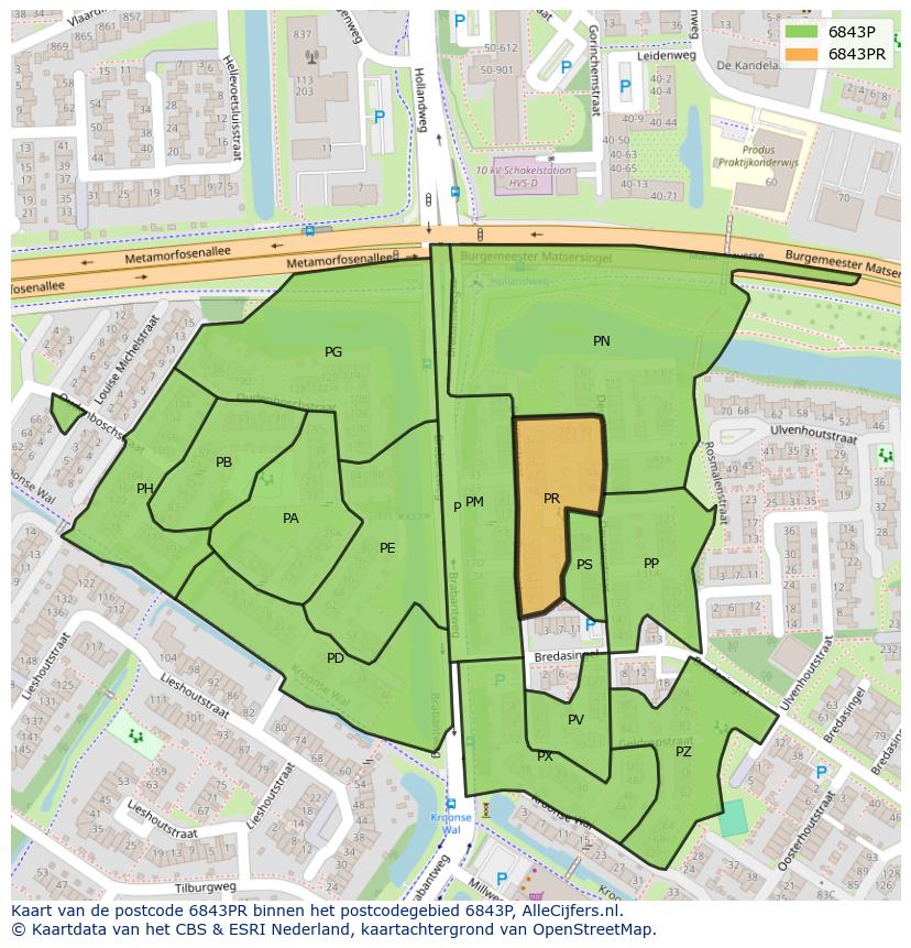 Afbeelding van het postcodegebied 6843 PR op de kaart.