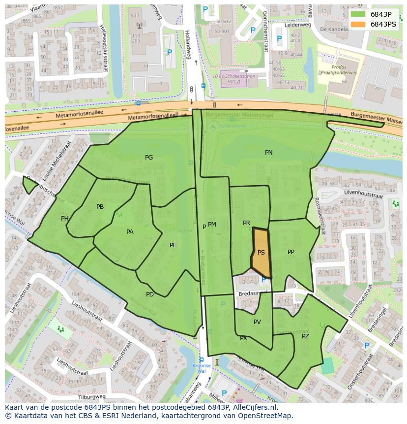 Afbeelding van het postcodegebied 6843 PS op de kaart.