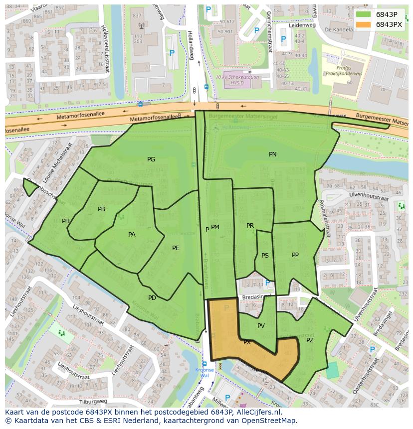 Afbeelding van het postcodegebied 6843 PX op de kaart.