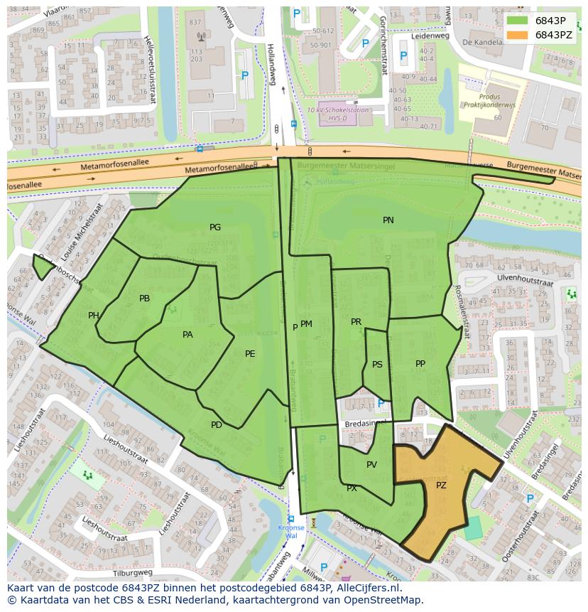 Afbeelding van het postcodegebied 6843 PZ op de kaart.