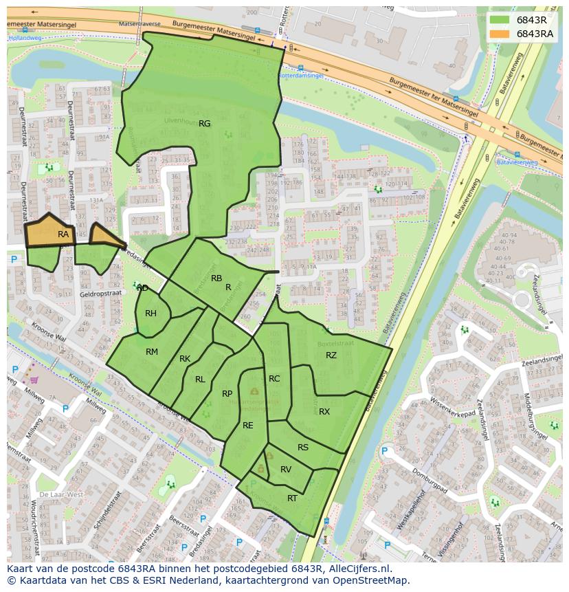 Afbeelding van het postcodegebied 6843 RA op de kaart.