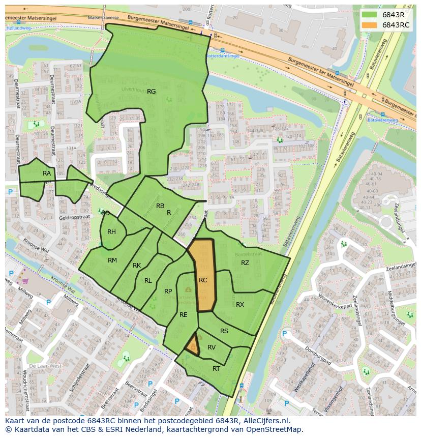Afbeelding van het postcodegebied 6843 RC op de kaart.