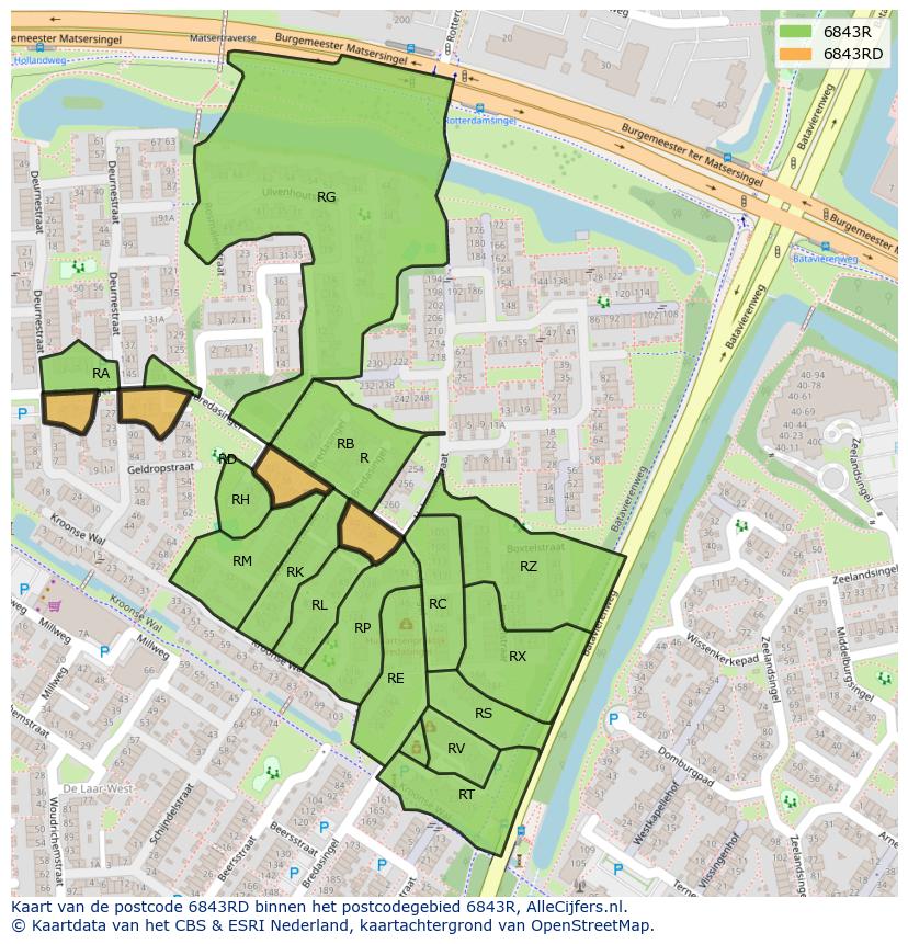 Afbeelding van het postcodegebied 6843 RD op de kaart.