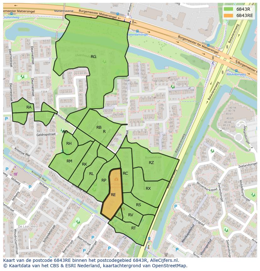 Afbeelding van het postcodegebied 6843 RE op de kaart.