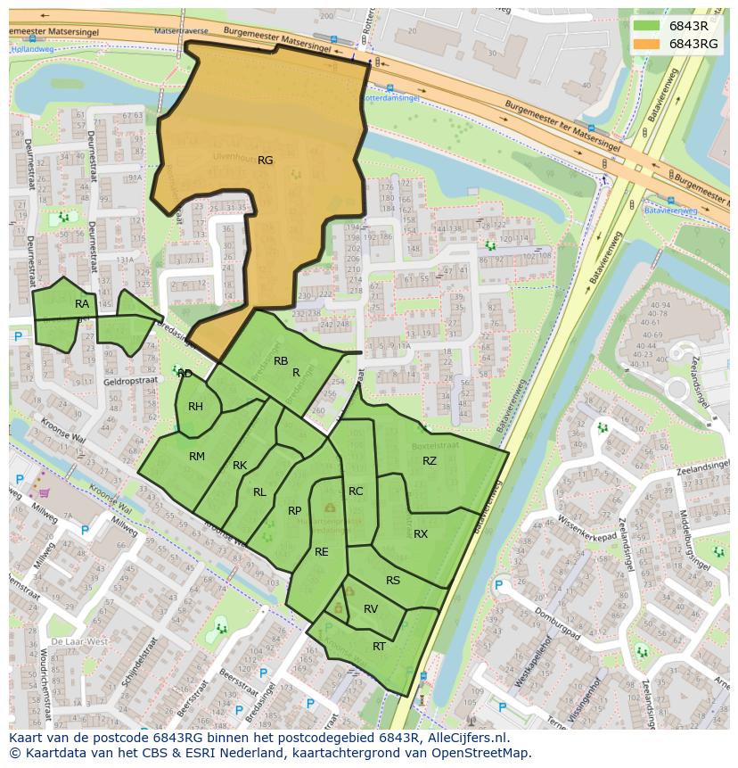 Afbeelding van het postcodegebied 6843 RG op de kaart.
