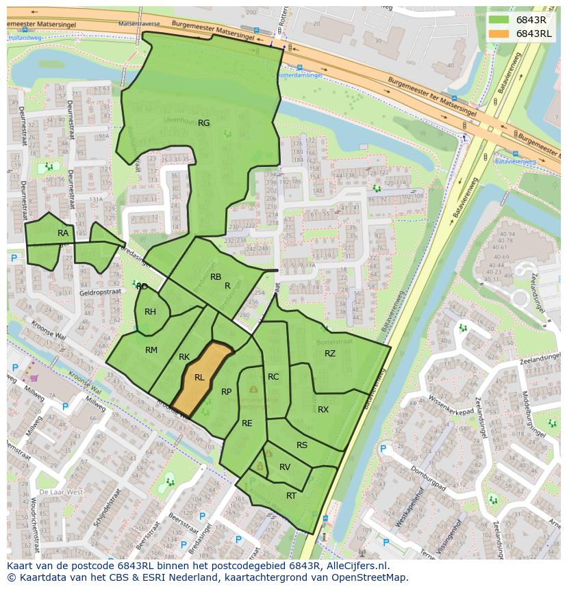 Afbeelding van het postcodegebied 6843 RL op de kaart.