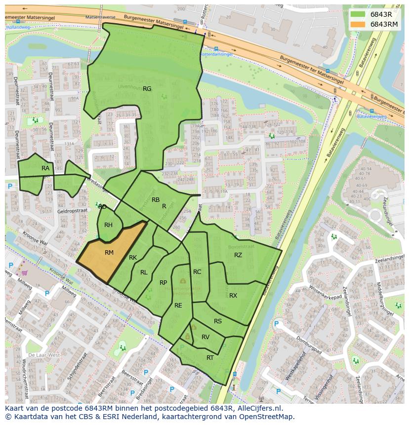 Afbeelding van het postcodegebied 6843 RM op de kaart.