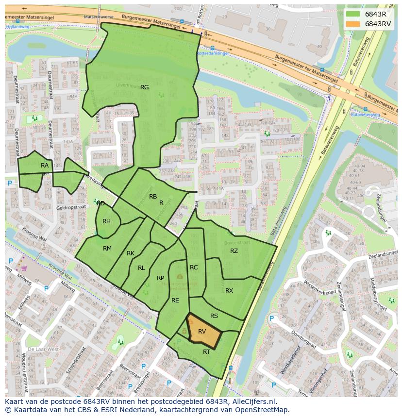 Afbeelding van het postcodegebied 6843 RV op de kaart.
