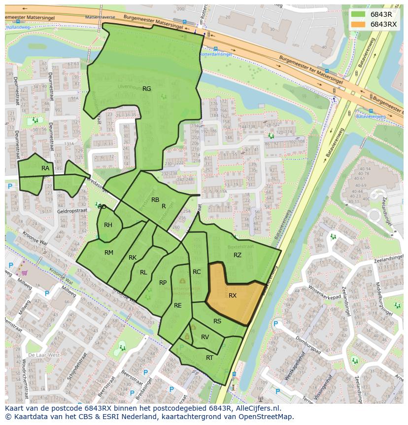 Afbeelding van het postcodegebied 6843 RX op de kaart.