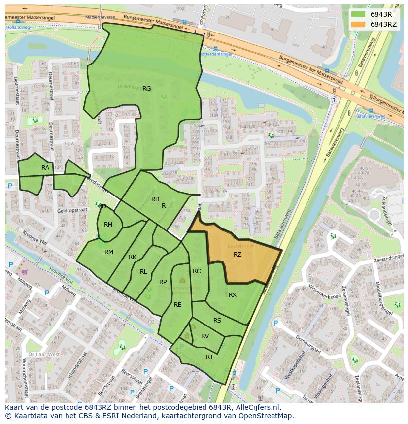 Afbeelding van het postcodegebied 6843 RZ op de kaart.