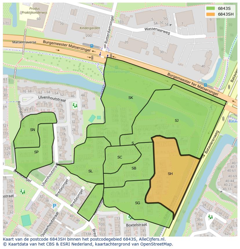 Afbeelding van het postcodegebied 6843 SH op de kaart.