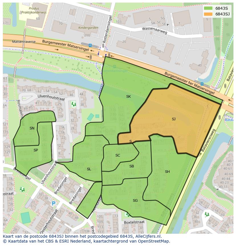 Afbeelding van het postcodegebied 6843 SJ op de kaart.