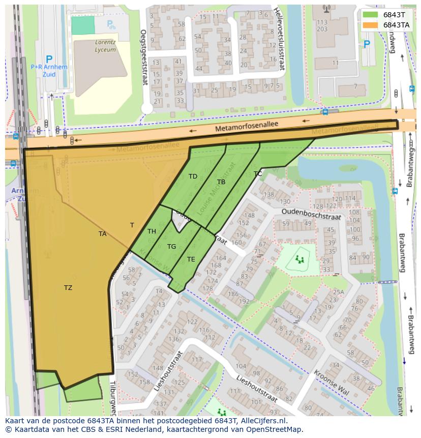 Afbeelding van het postcodegebied 6843 TA op de kaart.