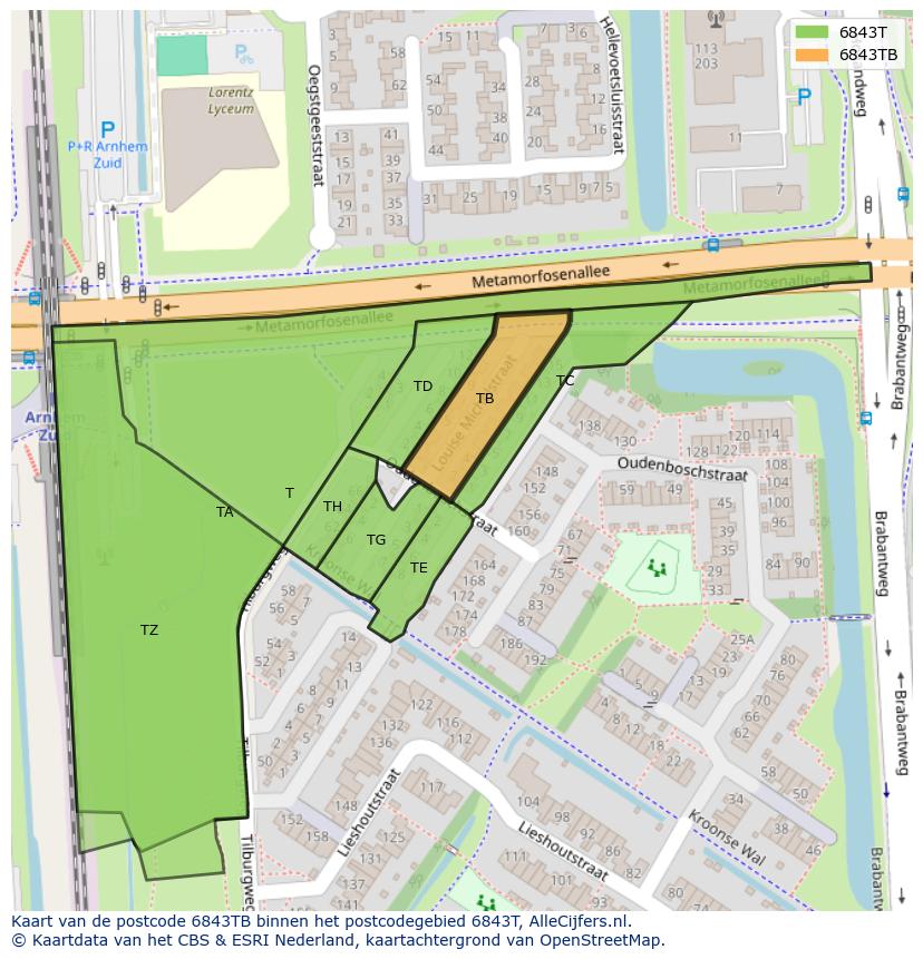 Afbeelding van het postcodegebied 6843 TB op de kaart.