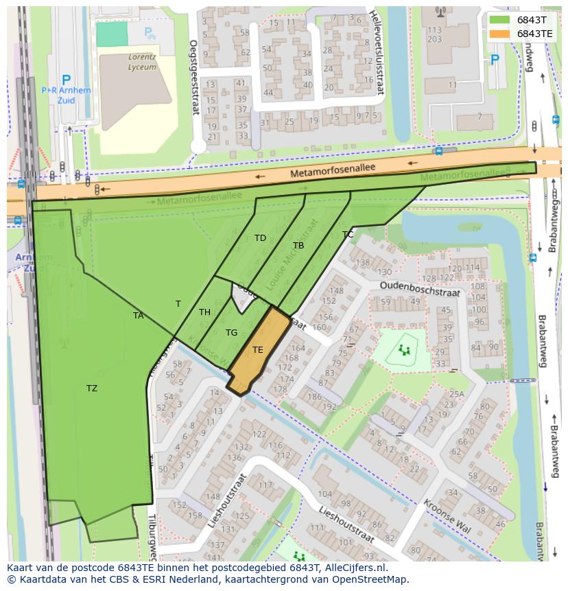 Afbeelding van het postcodegebied 6843 TE op de kaart.