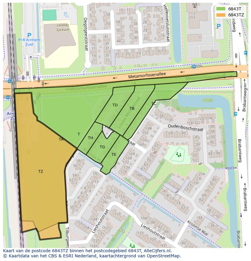 Afbeelding van het postcodegebied 6843 TZ op de kaart.