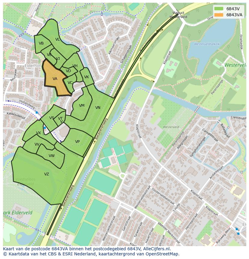 Afbeelding van het postcodegebied 6843 VA op de kaart.