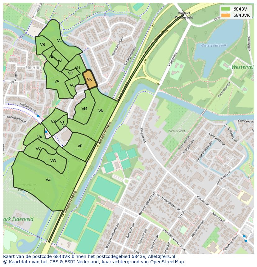 Afbeelding van het postcodegebied 6843 VK op de kaart.