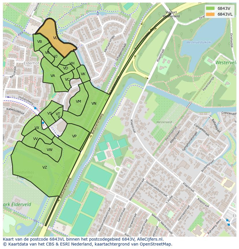 Afbeelding van het postcodegebied 6843 VL op de kaart.
