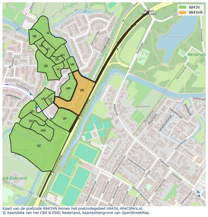 Afbeelding van het postcodegebied 6843 VN op de kaart.