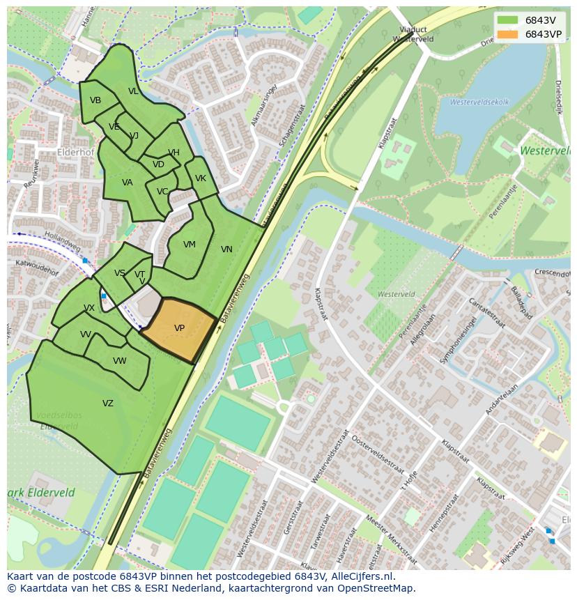 Afbeelding van het postcodegebied 6843 VP op de kaart.