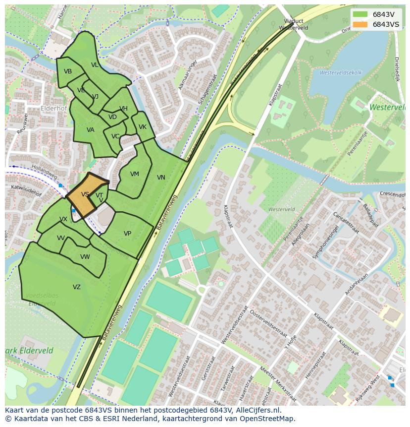 Afbeelding van het postcodegebied 6843 VS op de kaart.