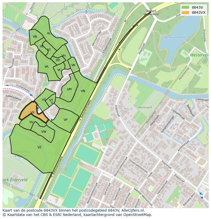 Afbeelding van het postcodegebied 6843 VX op de kaart.