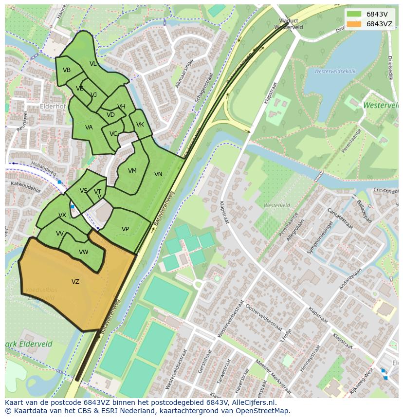 Afbeelding van het postcodegebied 6843 VZ op de kaart.