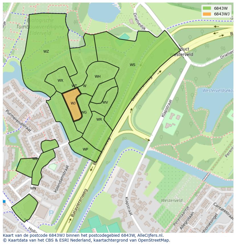 Afbeelding van het postcodegebied 6843 WJ op de kaart.