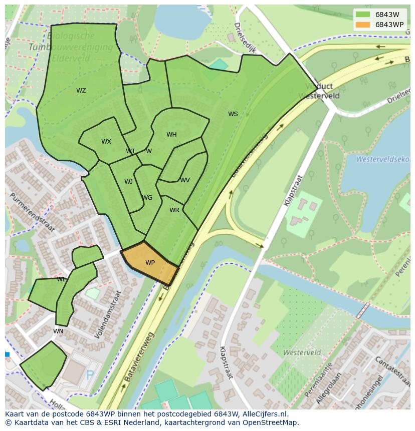 Afbeelding van het postcodegebied 6843 WP op de kaart.