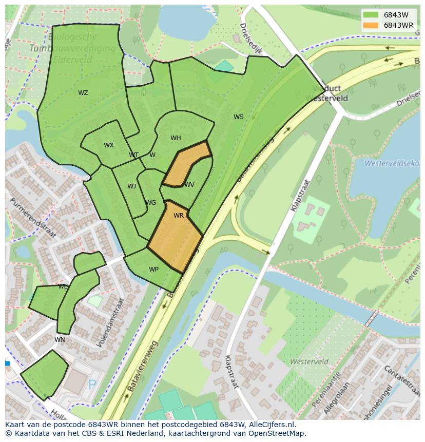 Afbeelding van het postcodegebied 6843 WR op de kaart.