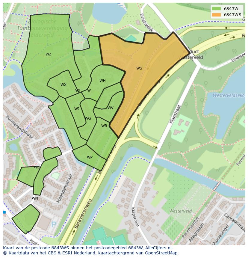 Afbeelding van het postcodegebied 6843 WS op de kaart.