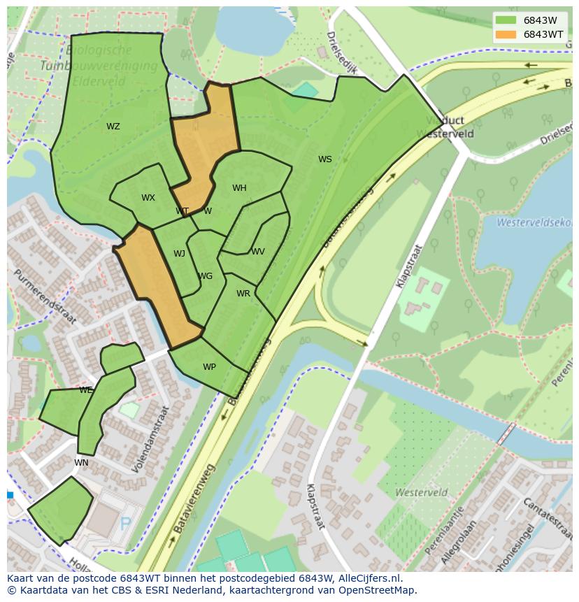 Afbeelding van het postcodegebied 6843 WT op de kaart.