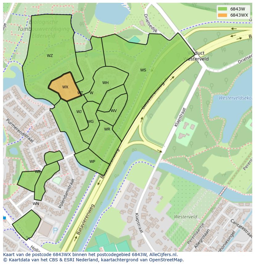 Afbeelding van het postcodegebied 6843 WX op de kaart.
