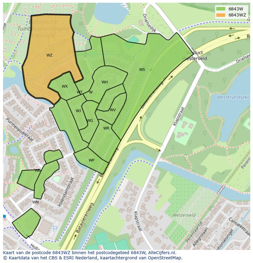 Afbeelding van het postcodegebied 6843 WZ op de kaart.