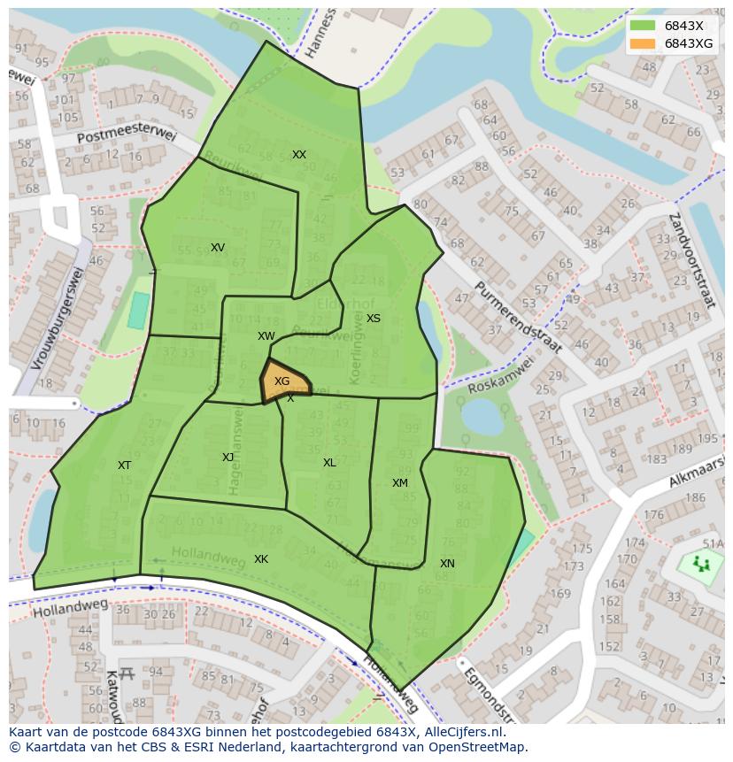 Afbeelding van het postcodegebied 6843 XG op de kaart.