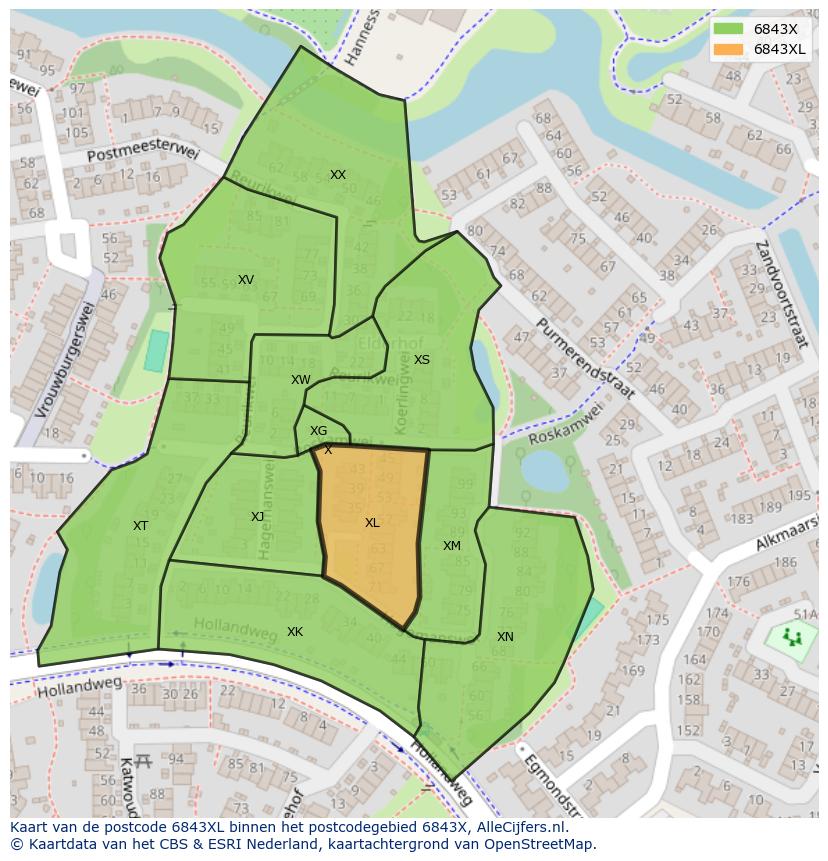 Afbeelding van het postcodegebied 6843 XL op de kaart.