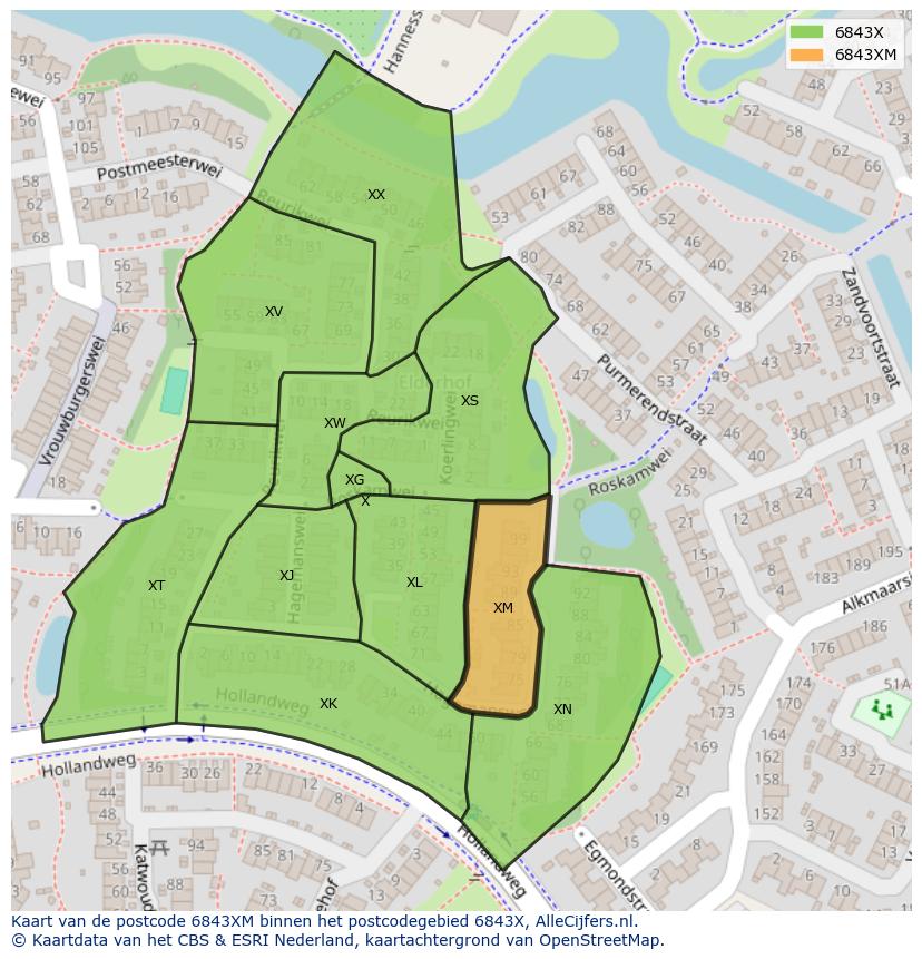 Afbeelding van het postcodegebied 6843 XM op de kaart.