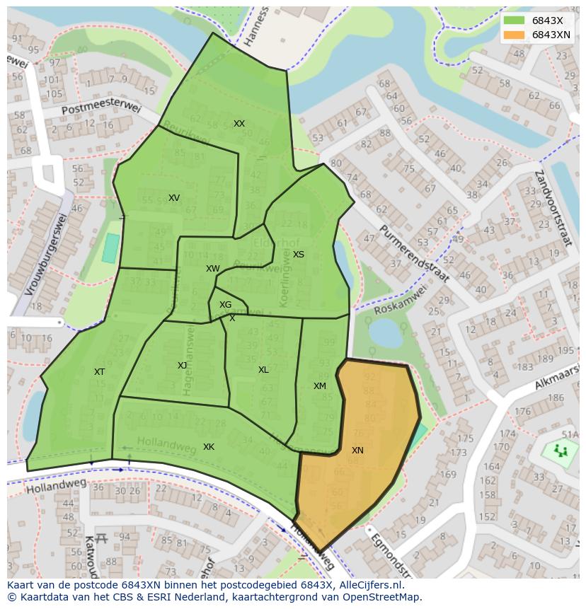 Afbeelding van het postcodegebied 6843 XN op de kaart.