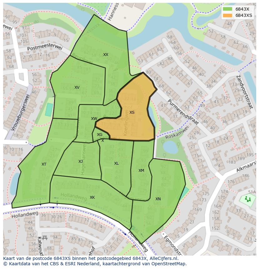 Afbeelding van het postcodegebied 6843 XS op de kaart.