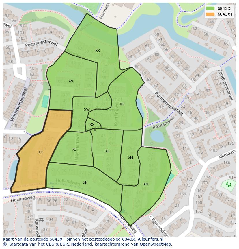 Afbeelding van het postcodegebied 6843 XT op de kaart.