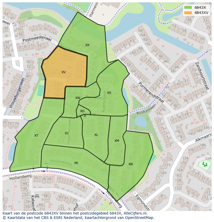 Afbeelding van het postcodegebied 6843 XV op de kaart.