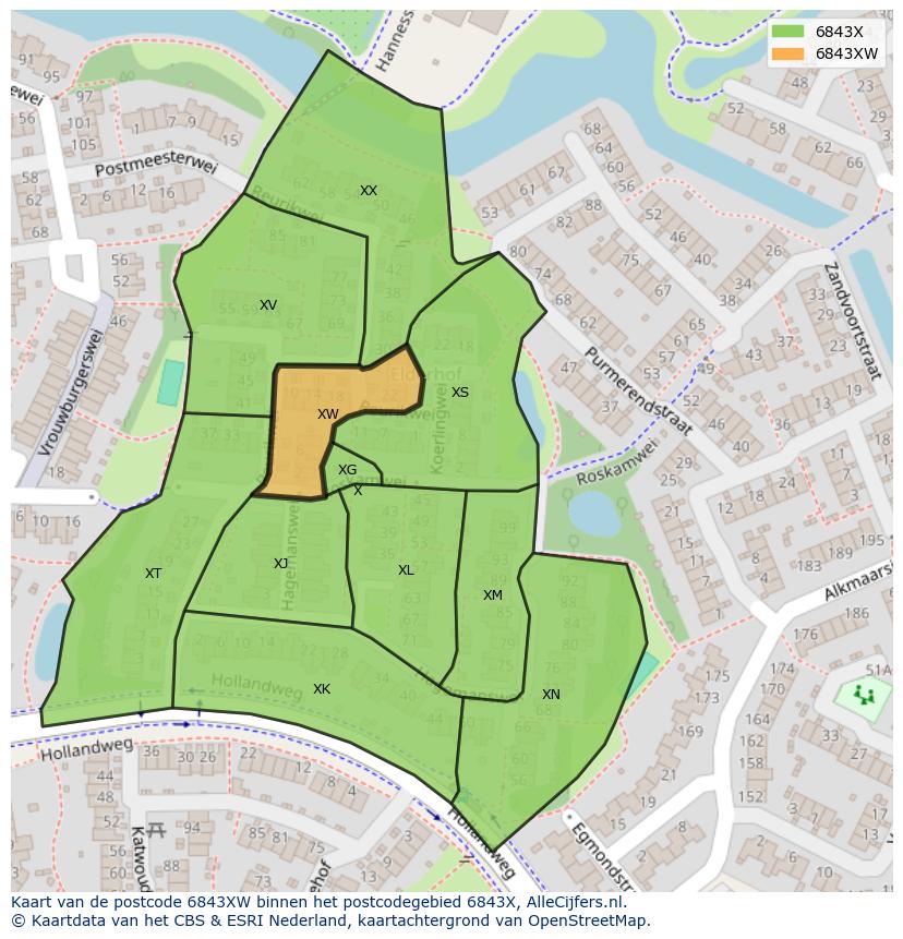 Afbeelding van het postcodegebied 6843 XW op de kaart.