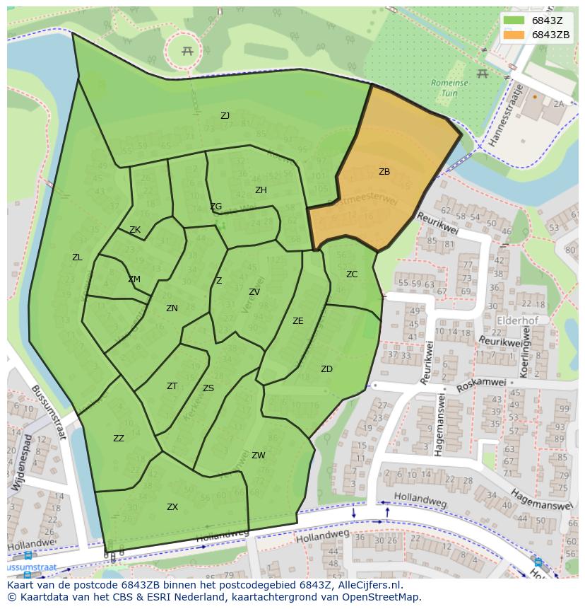 Afbeelding van het postcodegebied 6843 ZB op de kaart.