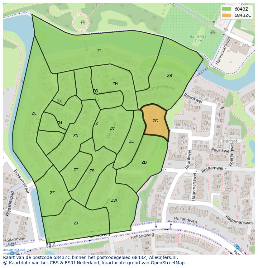 Afbeelding van het postcodegebied 6843 ZC op de kaart.