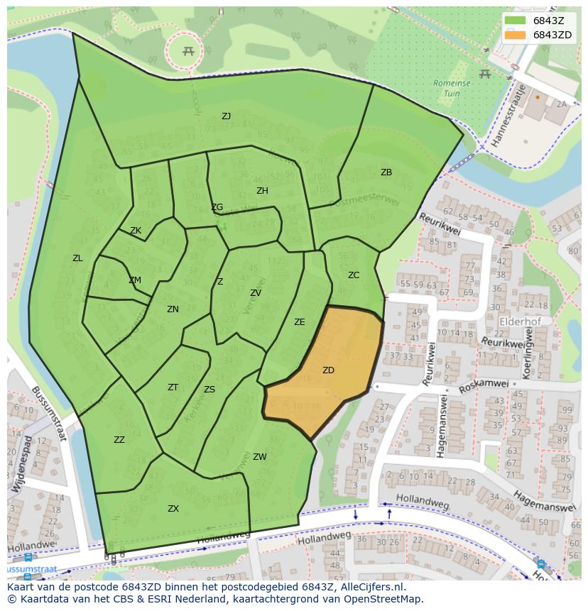 Afbeelding van het postcodegebied 6843 ZD op de kaart.