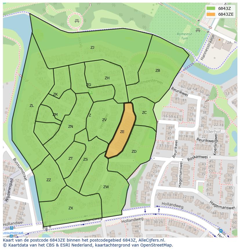 Afbeelding van het postcodegebied 6843 ZE op de kaart.